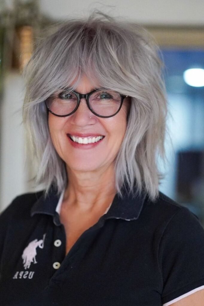 Shaggy Silver Lob with Choppy Curtain Bangs