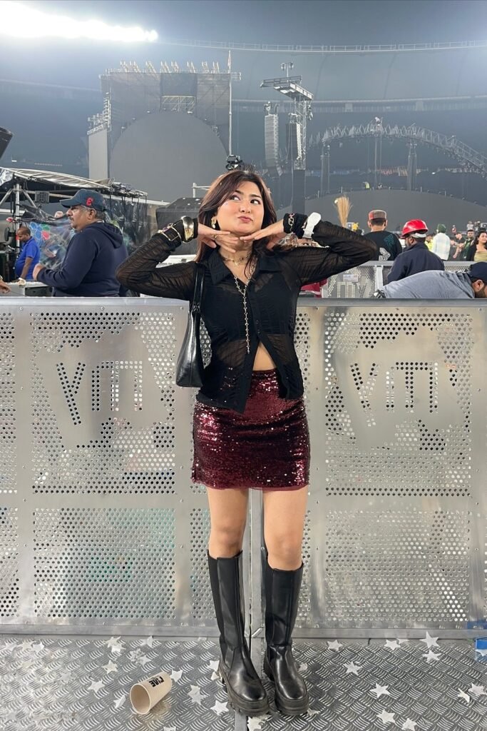 Sheer Black Button-Down Shirt + Burgundy Sequin Mini Skirt + Black Knee-High Platform Boots