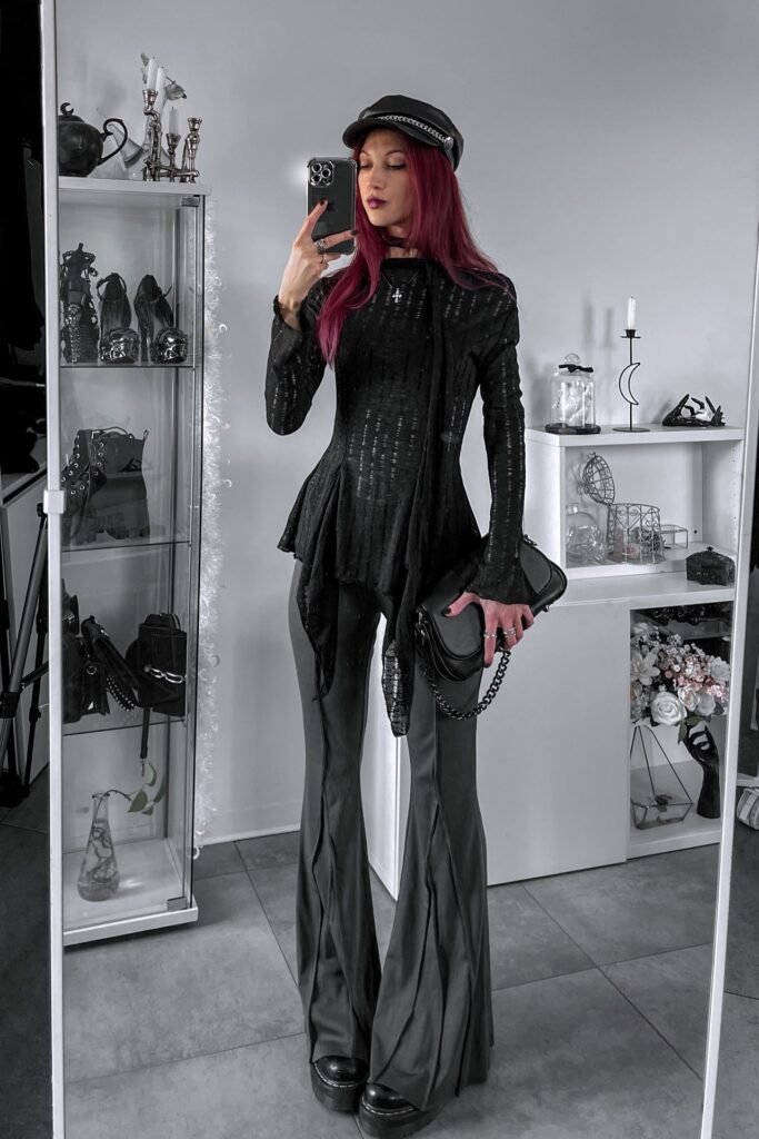 Sheer Textured Black Tunic + Dark Grey Flared Trousers + Black Baker Boy Hat + Platform Boots