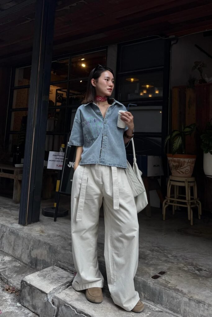 Short-Sleeve Denim Shirt + Oversized White Trousers + Tan Suede Loafers