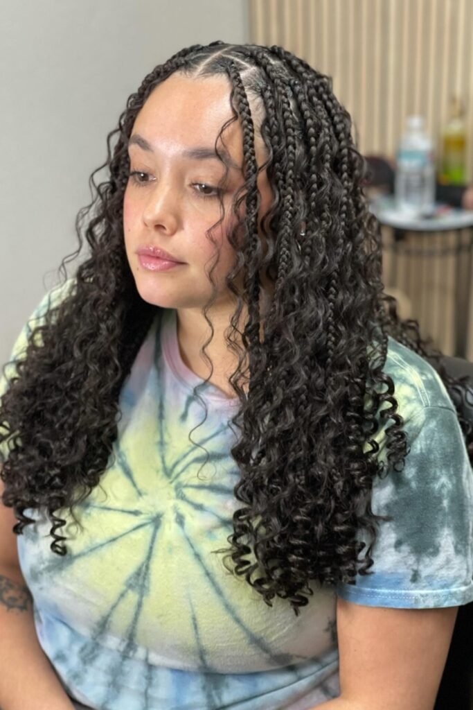 Shoulder-Length Goddess Braids with Dense Spiral Curls