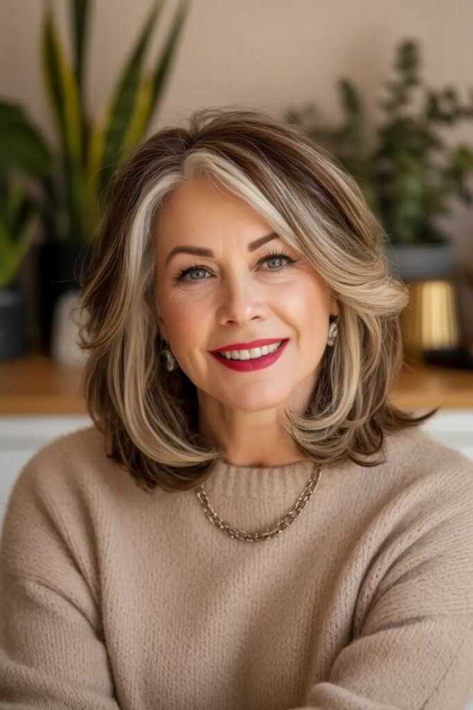 Shoulder-Length Wavy Cut with Bold Money Piece Highlights