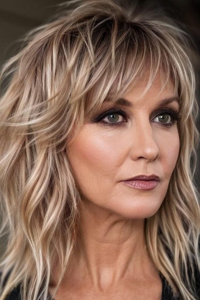 Shoulder-Length Wavy Shag with Choppy Fringe
