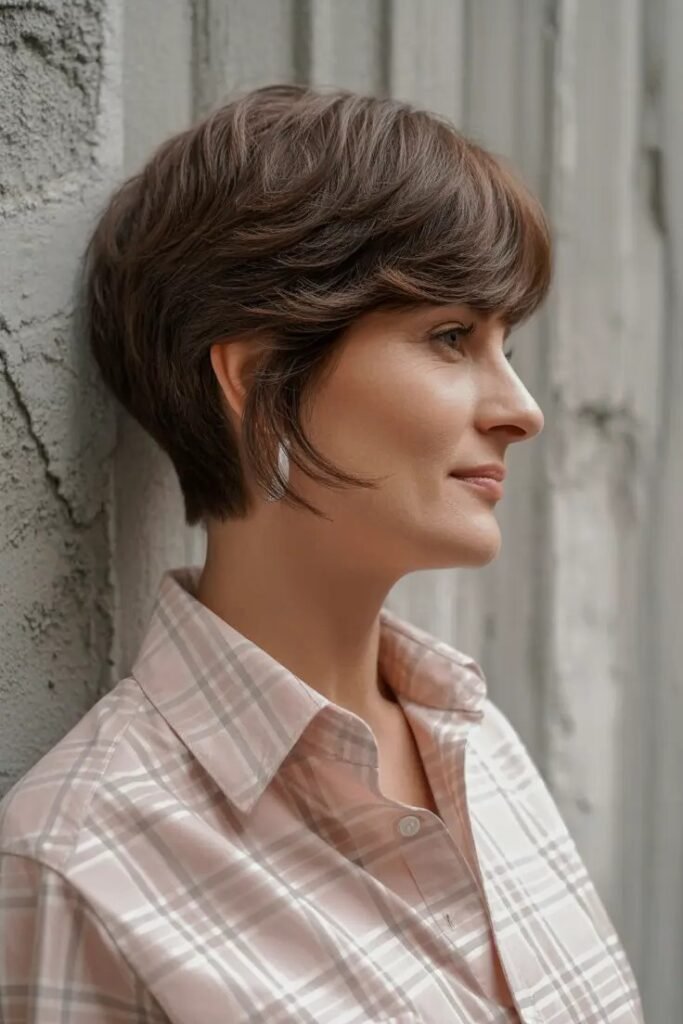 Side-Parted Brunette Pixie Cut