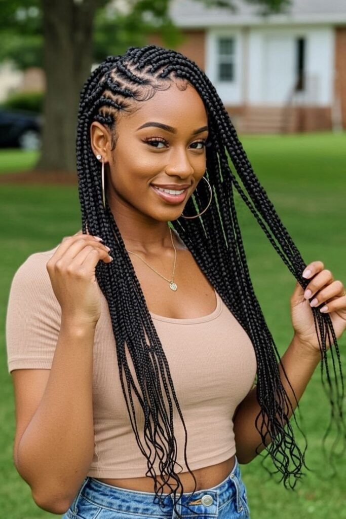 Side-Parted Fulani Braids with Intricate Scalp Patterns