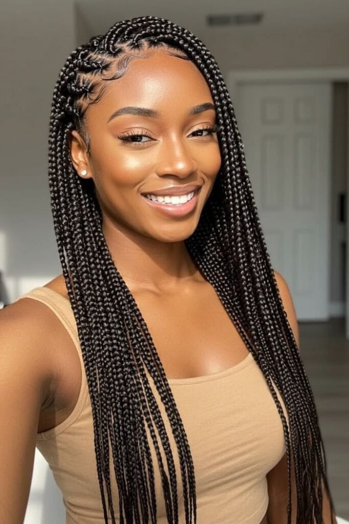 Side-Parted Knotless Braids with S-Shaped Baby Hair