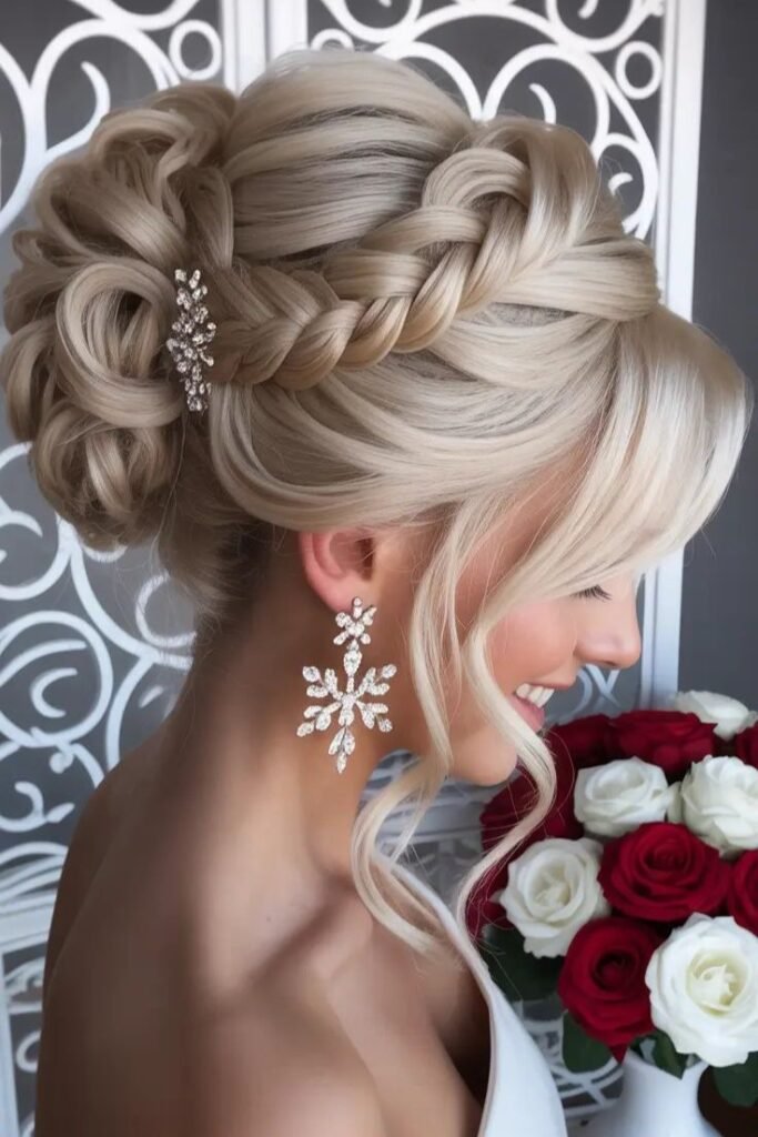 Side-Swept Braided Updo with Voluminous Curls and Snowflake Earrings