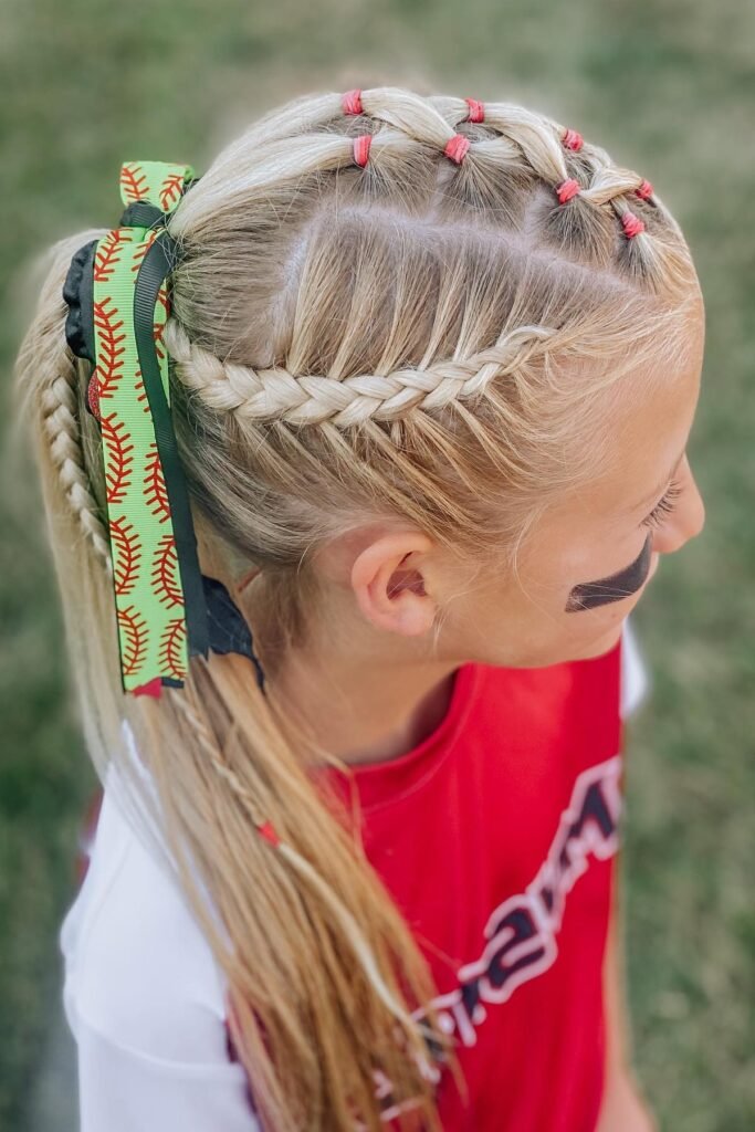 Side-Swept Dutch Braid with Elastic Accent Rows and Sports Ribbon