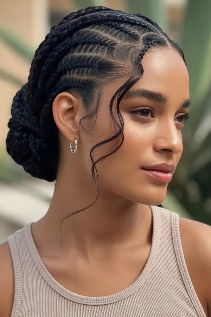 Side-Swept Ghana Braids with a Sleek Low Bun and Spiral Tendrils