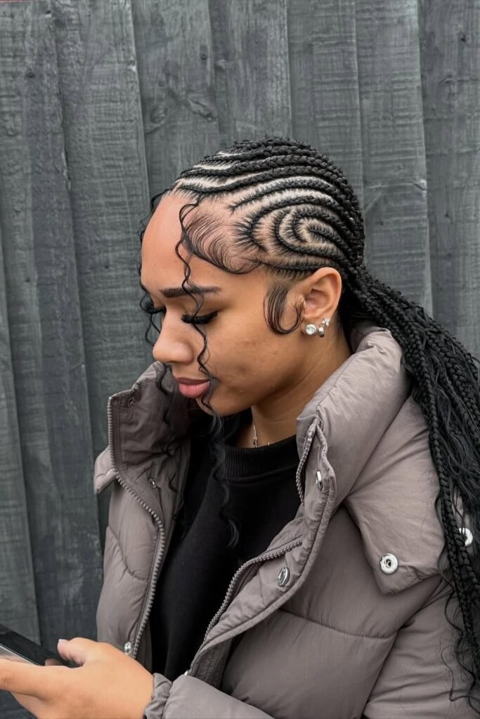Side-Swept Wave Braids with Long Curly Tendrils and Clear Beads