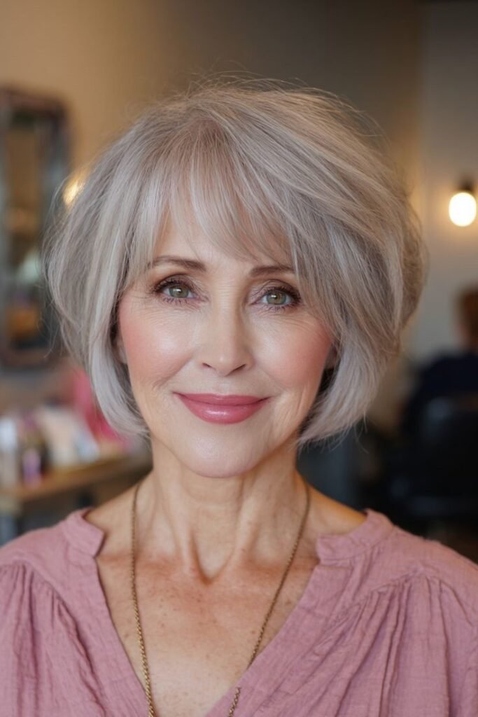 Silver Rounded Bob with Side-Swept Bangs