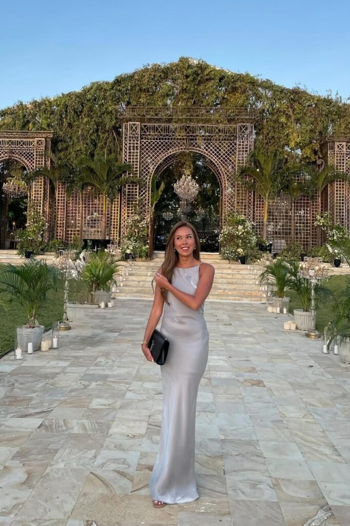 Silver Satin Sleeveless Maxi Dress + Black Leather Clutch + White Strappy Sandals