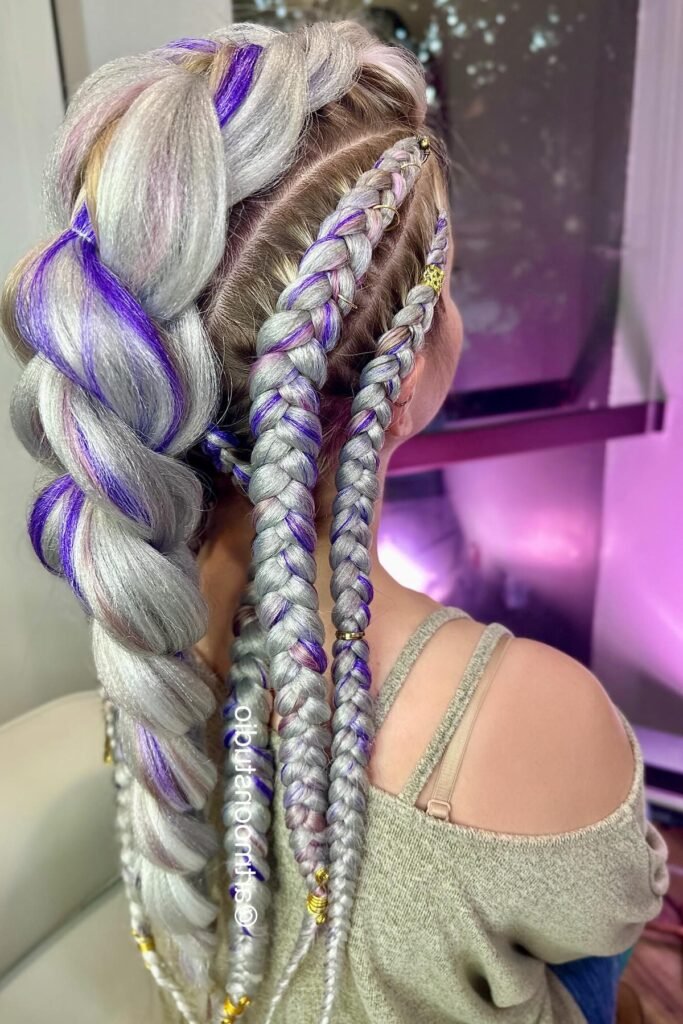 Silver and Purple Dutch Braid with Side Feed-in Braids