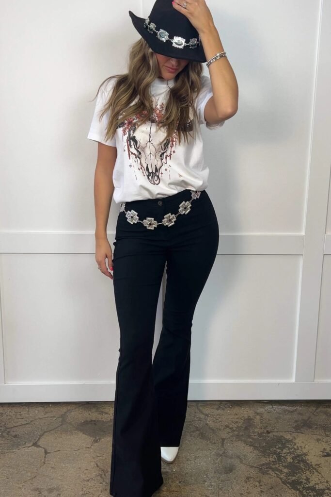 Skull Graphic T-Shirt + Black Flared Jeans + Silver Concho Belt