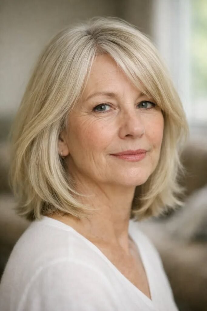 Sleek A-Line Lob with Face-Framing Layers and Minimal Bangs