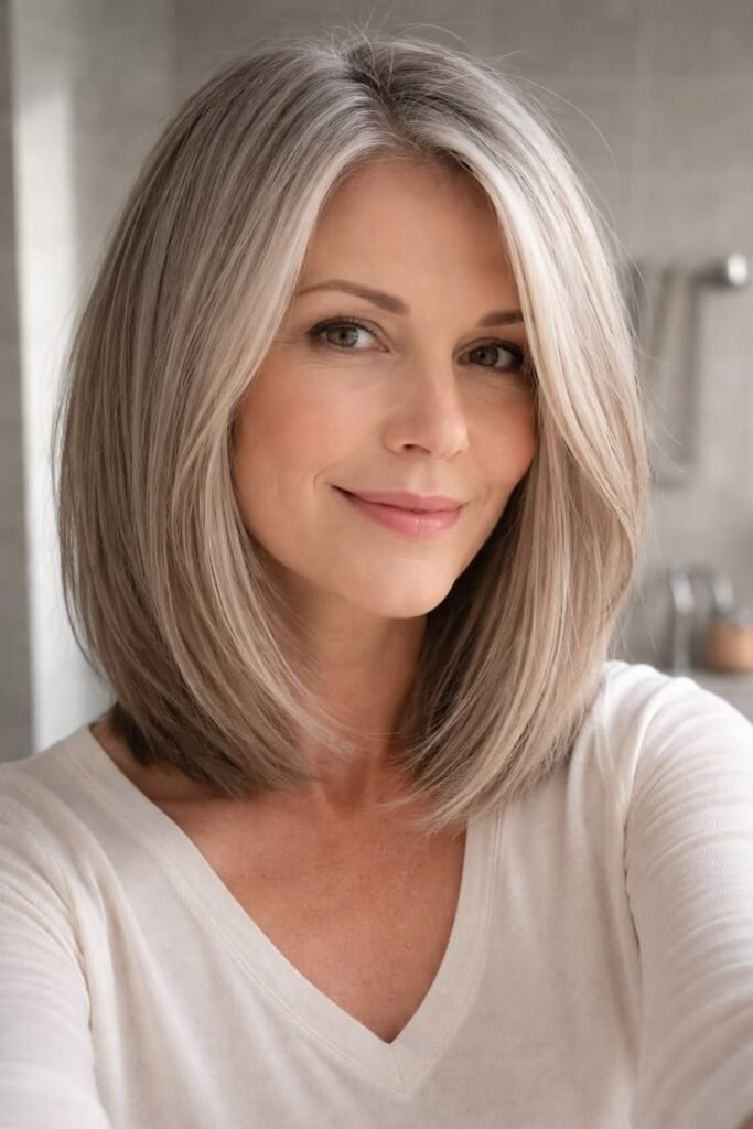 Sleek Ash Blonde Lob with Inward Curved Ends