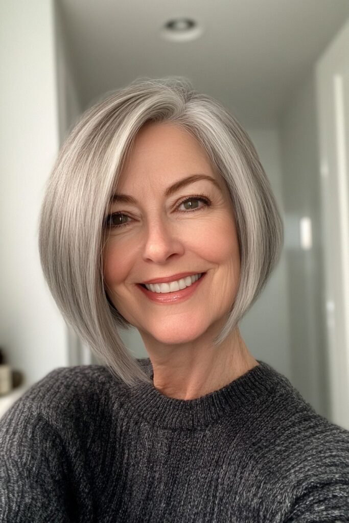 Sleek Asymmetrical Silver Bob with Side Part