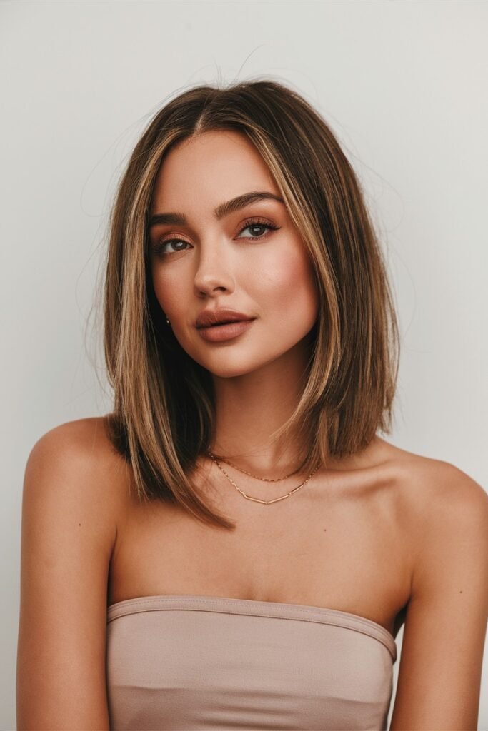 Sleek Blunt Lob with Subtle Warm-Toned Highlights