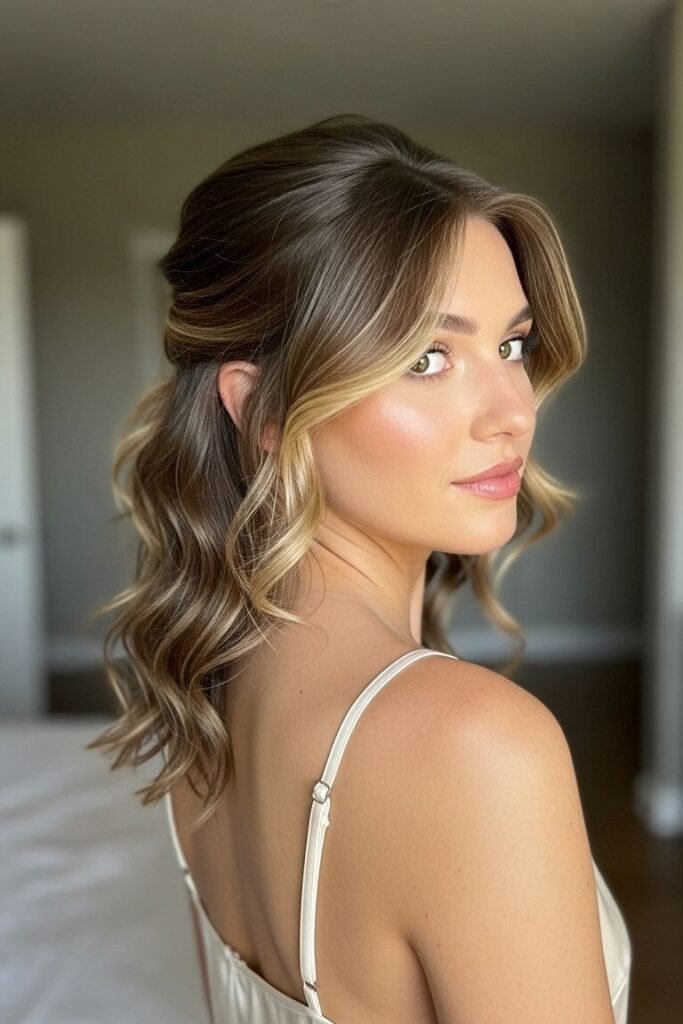 Sleek Brunette Half-Up Style with Bright Face-Framing Money Pieces