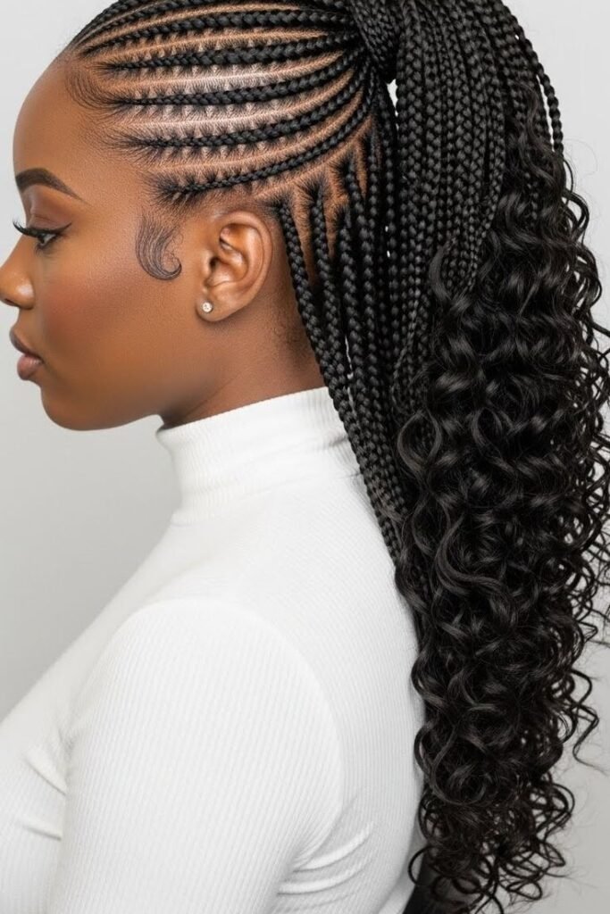 Sleek Feed-in Stitch Braids with Voluminous Curly Ponytail