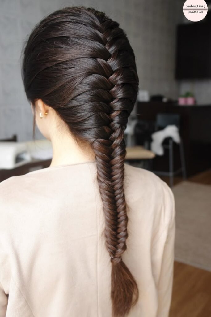 Sleek French-Inverted Fishtail Braid on Dark Hair