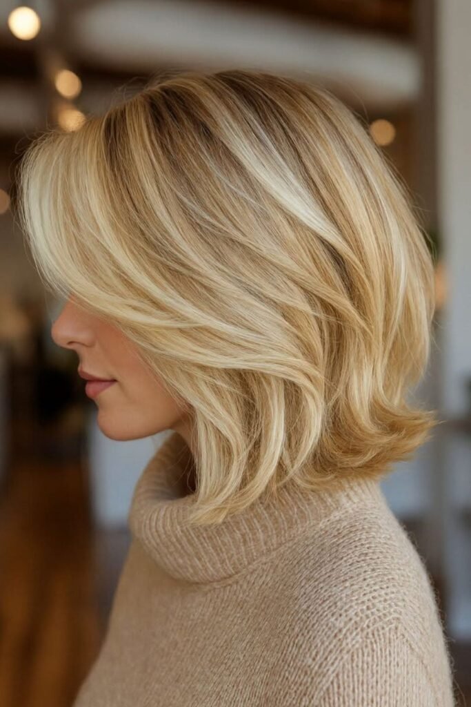 Sleek Layered Honey Blonde Lob with Inward Curves