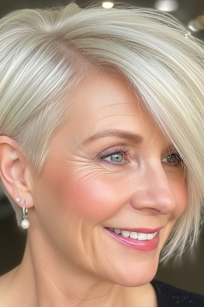 Sleek Platinum Asymmetrical Crop with Long Side-Swept Front