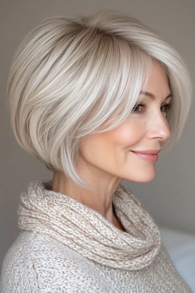 Sleek Platinum Inverted Bob with Side-Swept Fringe