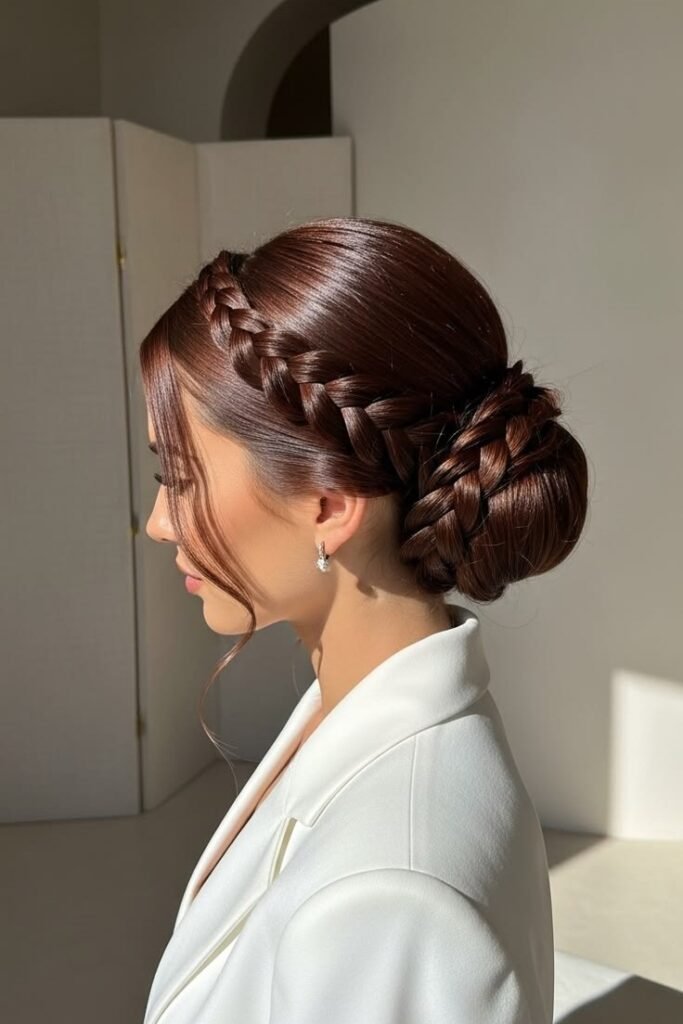 Sleek Polished Low Bun with Thick Side Braid