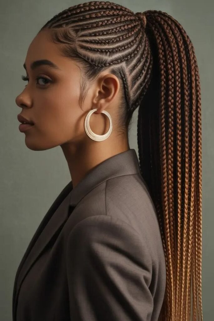 Sleek Side-Swept Cornrows with Multi-Tonal Braided Tail