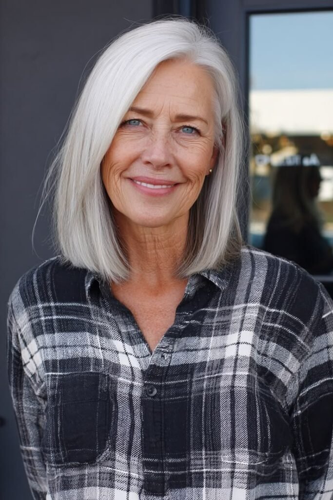 Sleek Silver Lob with Minimalist Side Part