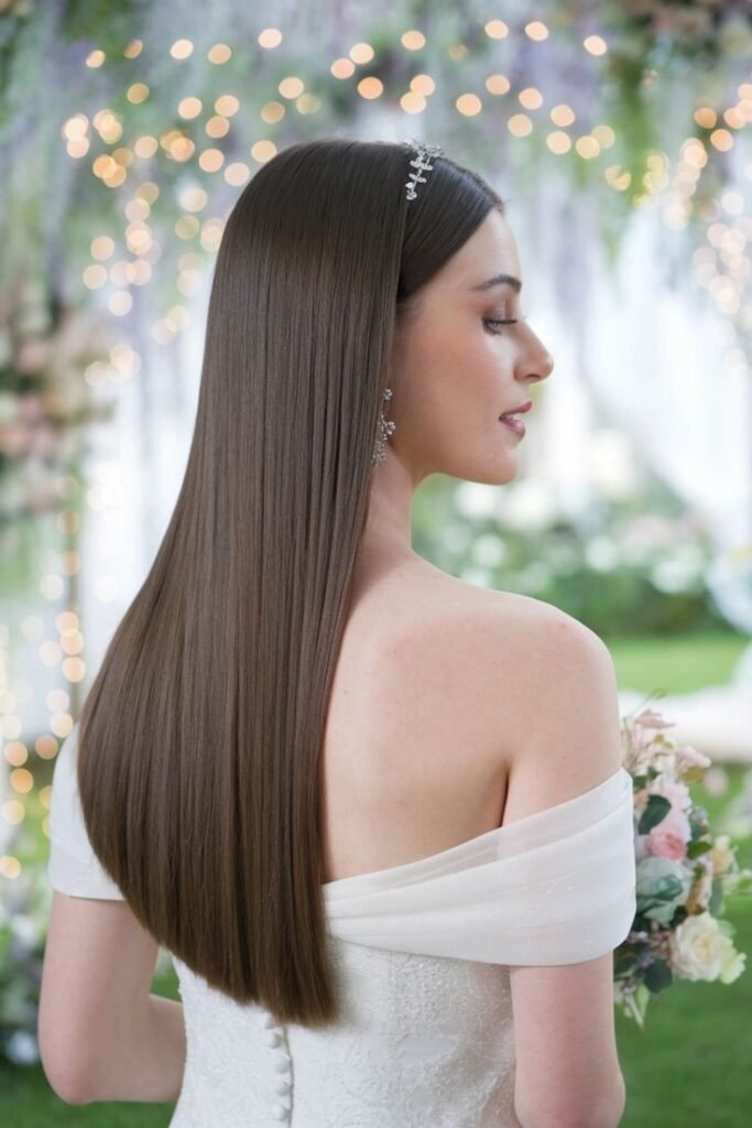 Sleek Straight Bridal Hair with Jeweled Headband