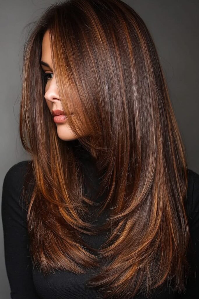 Sleek Straight Layers with Warm Bronze Highlights and Face-Framing Fringe