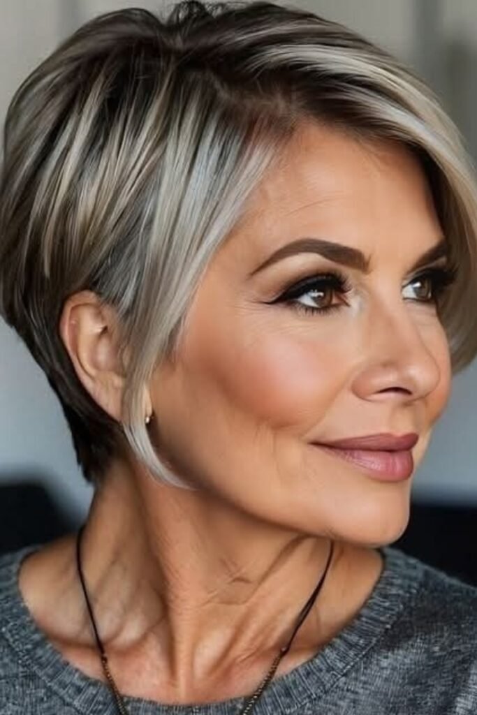 Sleek Tapered Pixie with Side-Parted Silver Layers