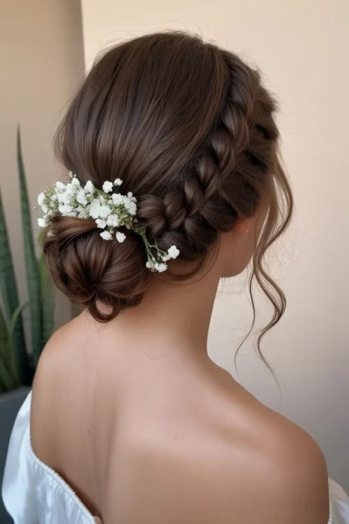 Smooth Low Bun with Dutch Braid and Baby's Breath