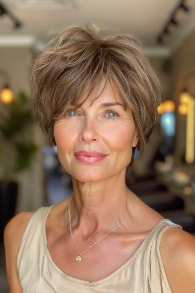 Smooth Round-Brushed Bob with Soft Forward-Swept Fringe