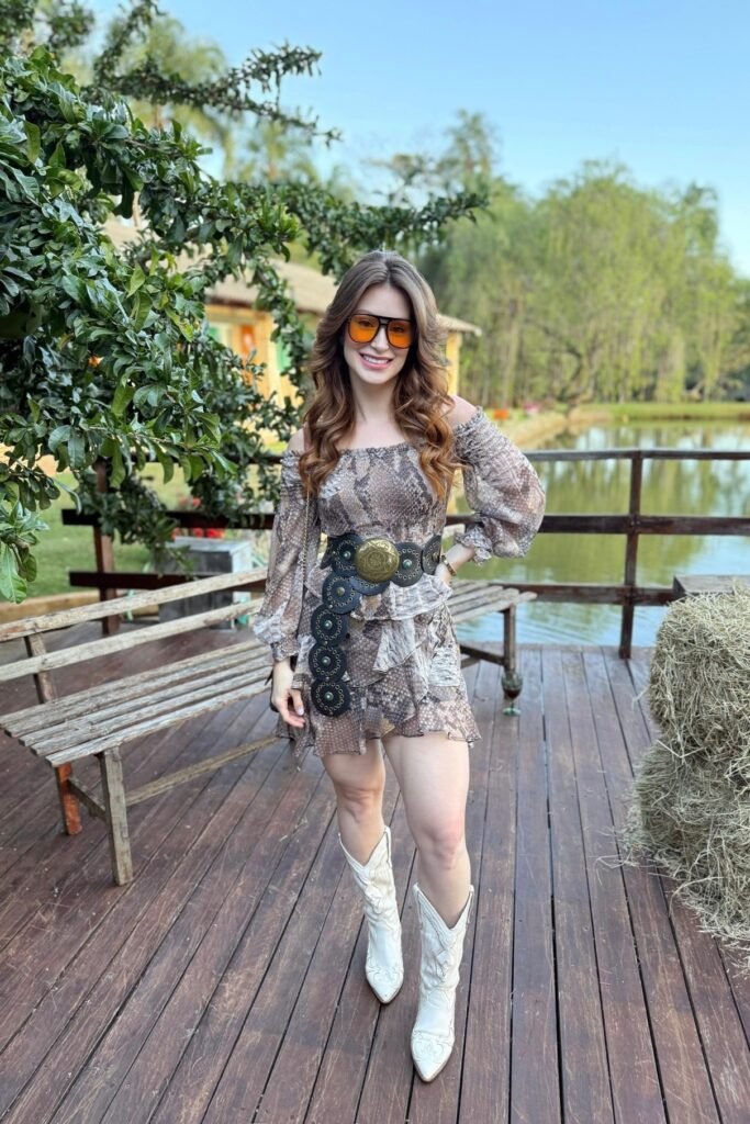 Snakeskin Print Mini Dress + Ornate Black Waist Belt + White Cowboy Boots