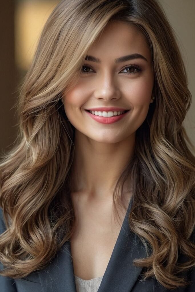 Soft Ash Brown Waves with Subtle Sun-Kissed Highlights