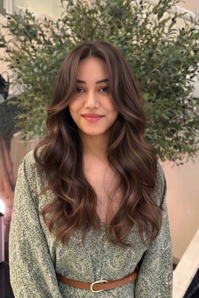 Soft Brunette Waves with Middle Part