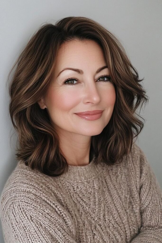 Soft Brunette Waves with Subtle Tapered Layers