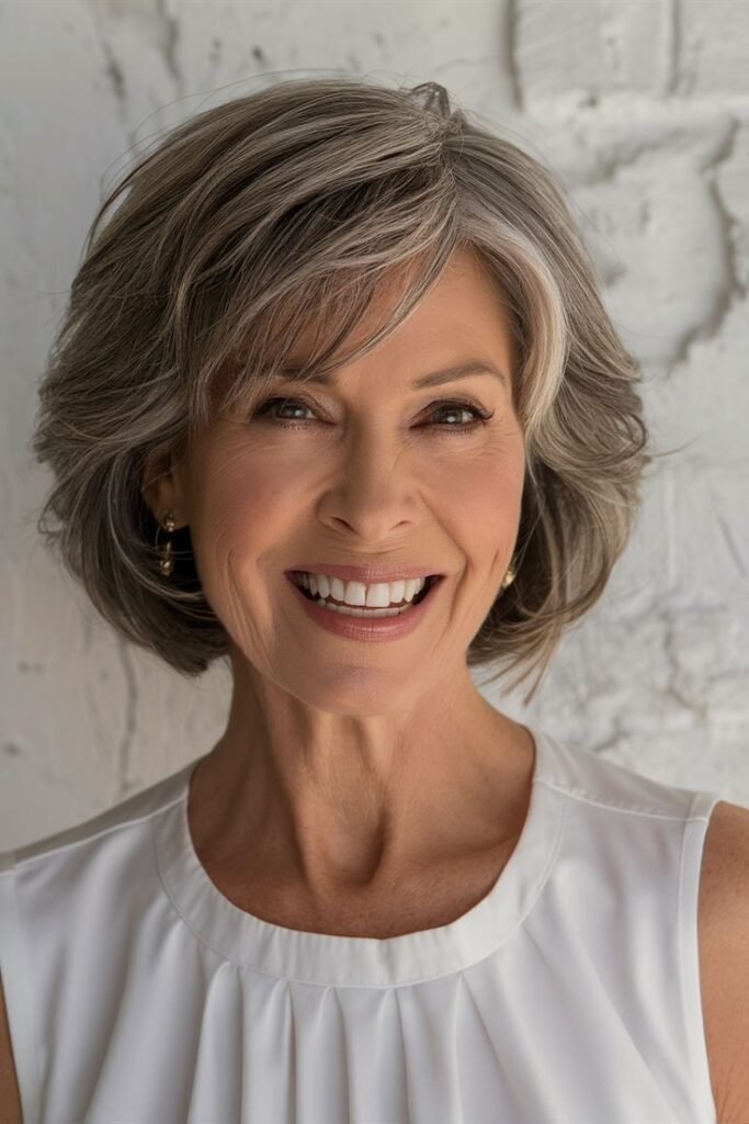 Soft Grey Layered Bob with Inward Curved Ends