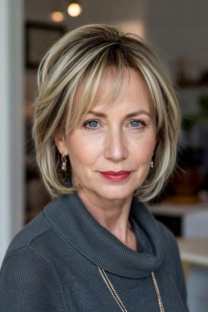 Soft Layered Lob with Wispy Internal Layers and Curtain Fringe