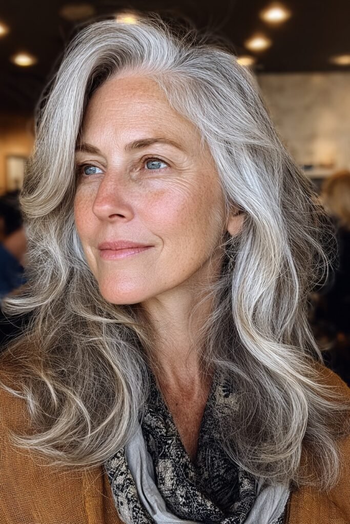 Soft Layered Waves with Face-Framing Silver Highlights