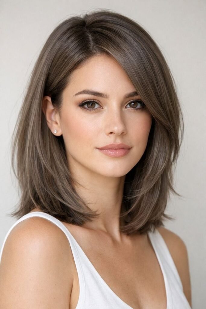 Soft Mushroom Brown Lob with Minimal Layering and Side-Swept Fringe
