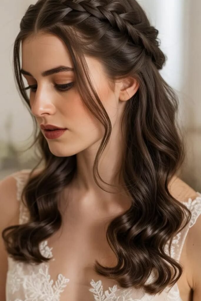 Soft Romantic Curls with a Thick Braided Half-Crown