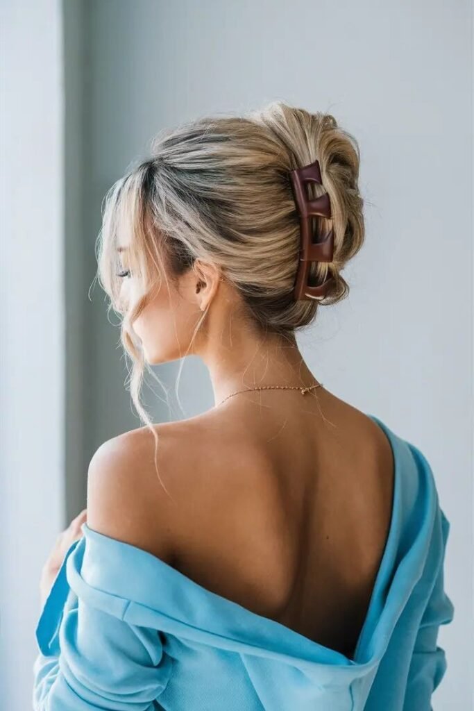 Soft Romantic Updo with Matte Brown Claw Clip