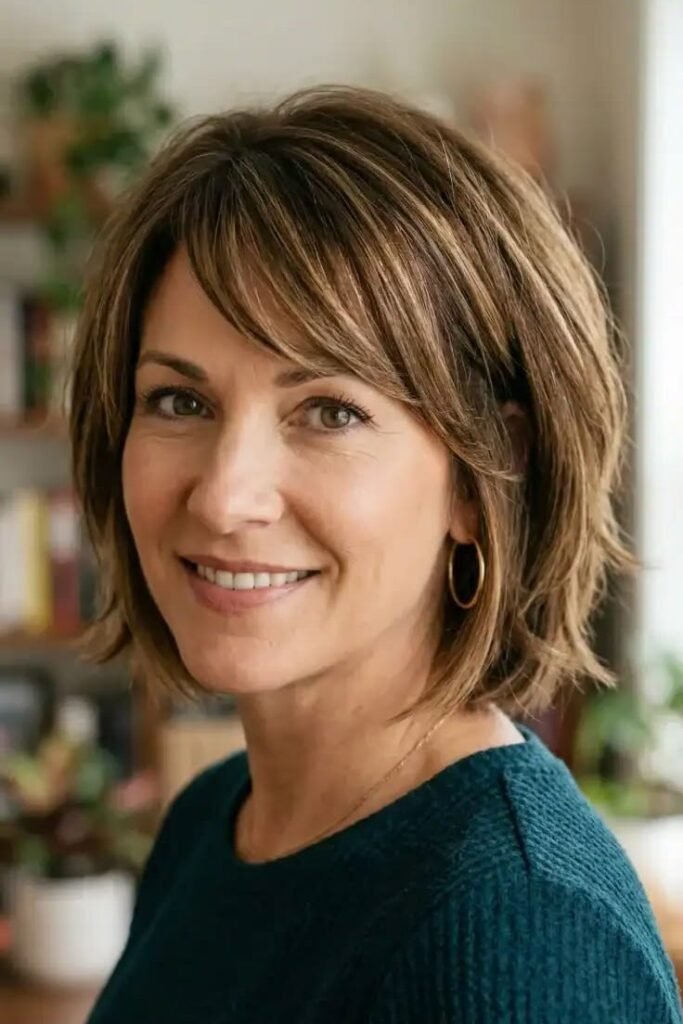 Soft Shaggy Bob with Side-Swept Bangs and Caramel Tones