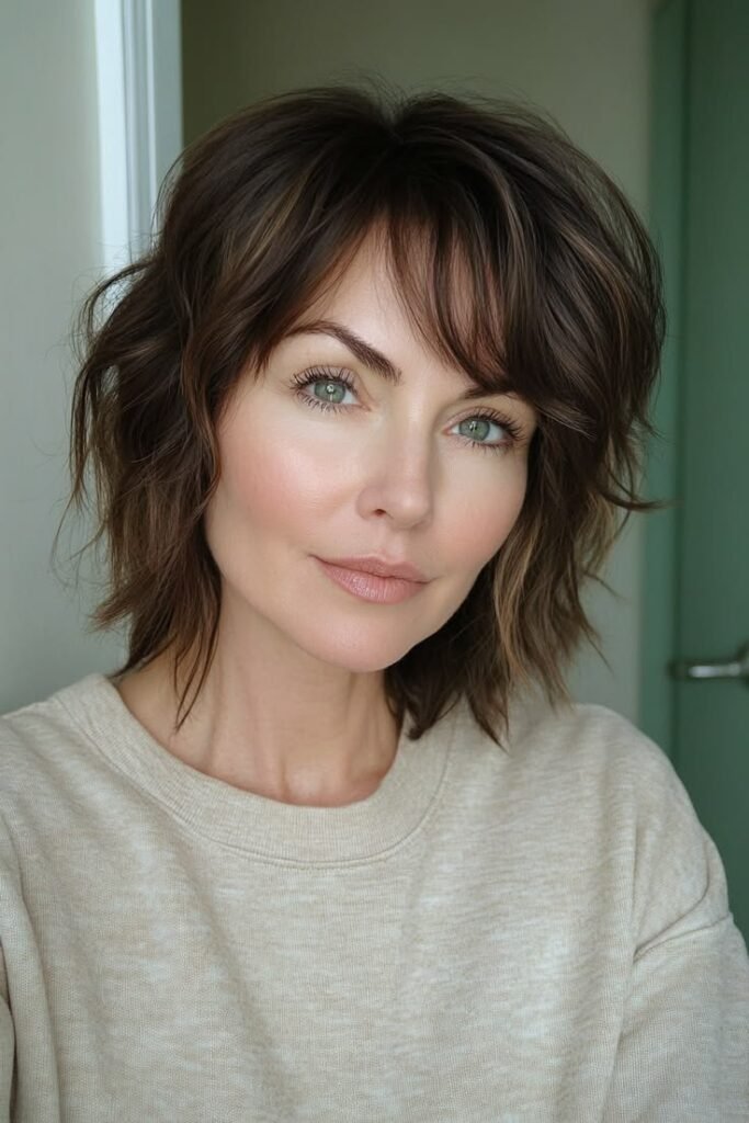 Soft Wavy Lob with Side-Swept Curtain Bangs