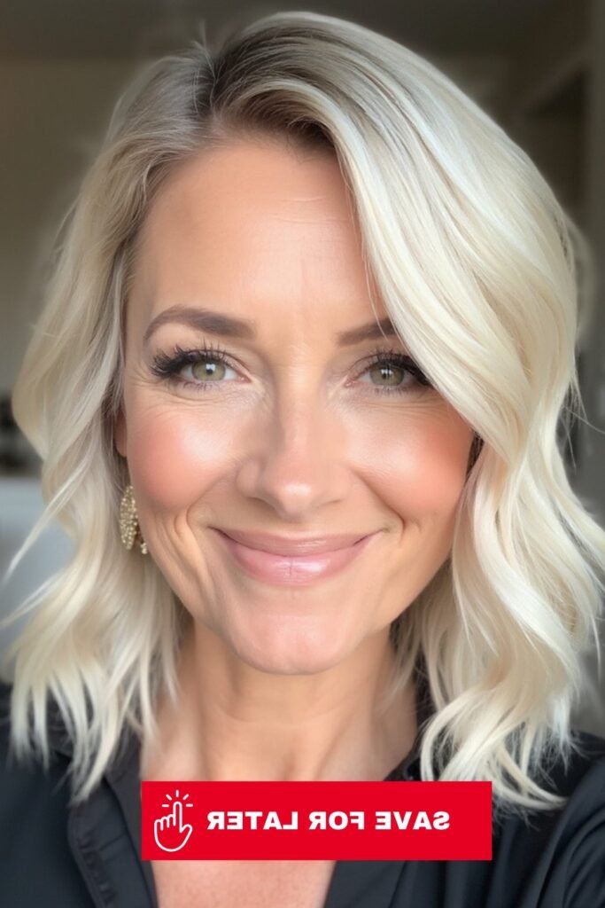 Soft Wavy Platinum Blonde Bob with Side Part