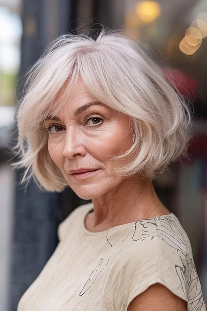Soft Wavy Platinum Bob with Tucked Side